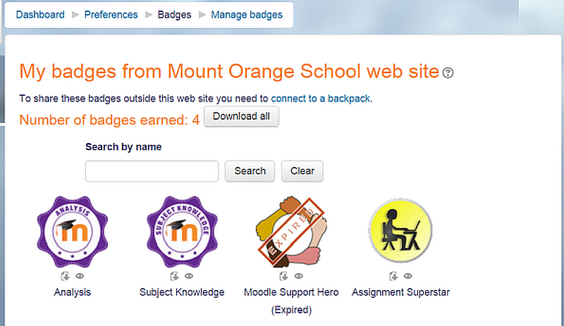 Example of a badges screen